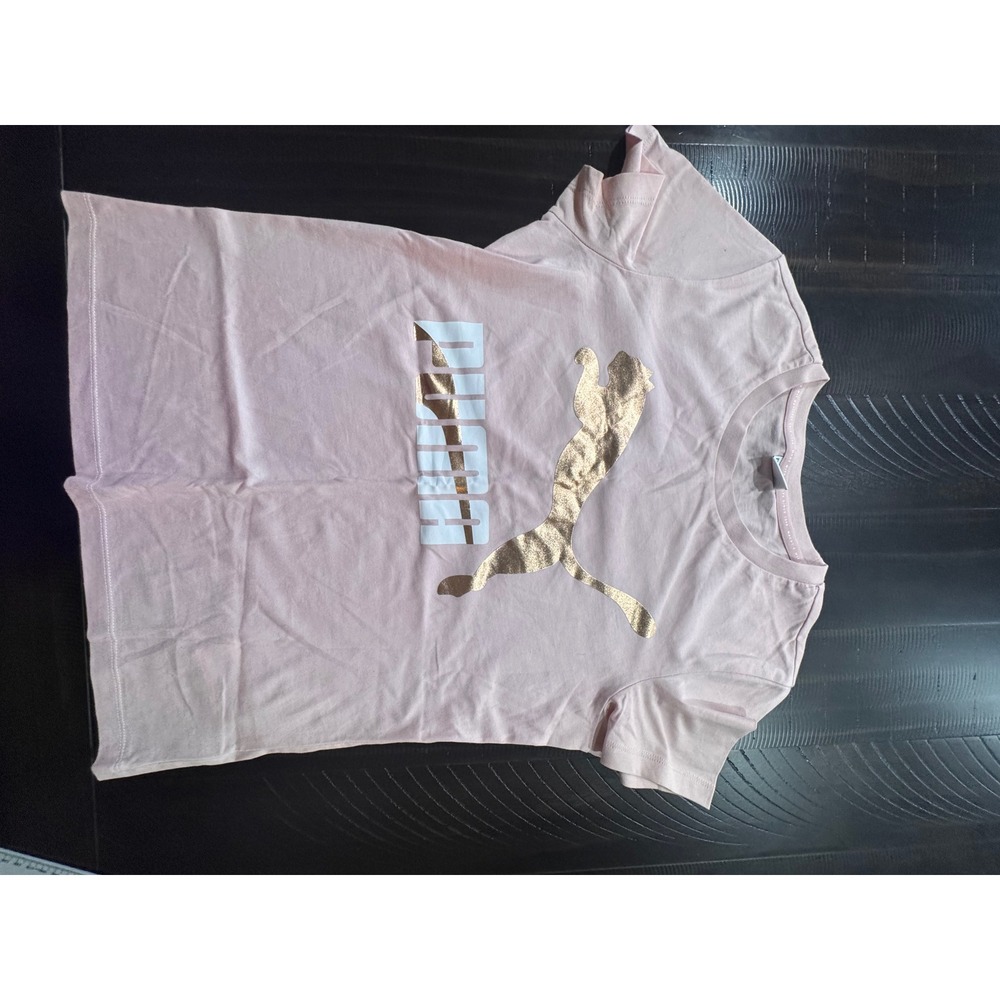 Puma Womens Pink Short Sleeve Graphic T-Shirt Rose Gold Foil Logo Size Medium